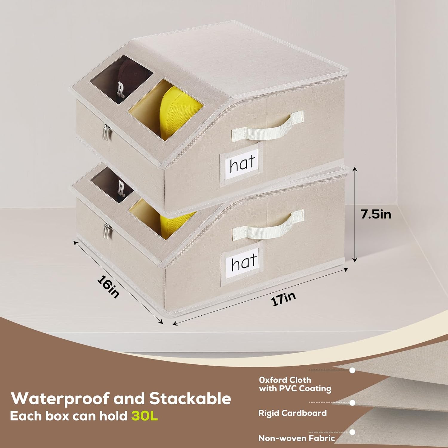 2 Pack Hat Storage for Baseball Caps-Holds Up to 48 Caps, Hat Organizer for Closet Stackable Hat Box with Cardboard, Dustproof Baseball Cap Organizer with 2 Handles for Home Travel (Beige, 2Pack)