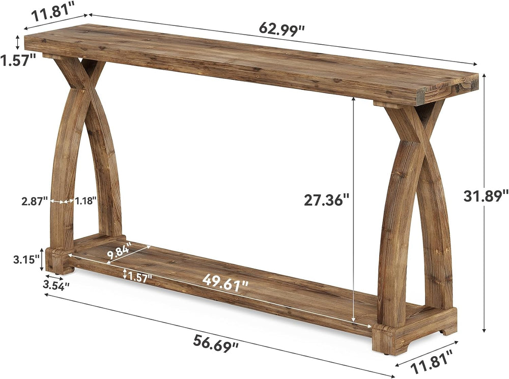 Solid Wood Console Table for Entryway, 63-Inch Narrow Farmhouse Couch Table B...