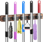 IMILLET Broom Holder Wall Mount, Rustic Wood Broom Hanger with 5 Racks and 4 Hooks, Laundry Room Organization and Storage, Mop Holder for Home Decor, Garden, Garage, Kitchen, Closet