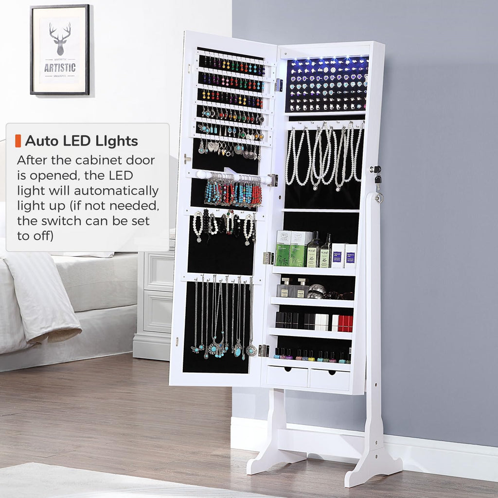 GISSAR Jewelry Organizer Full Length Mirror Jewelry Cabinet Standing/Wall/Hanging Door Jewelry Armoire Storage with Lights, Lockable, White