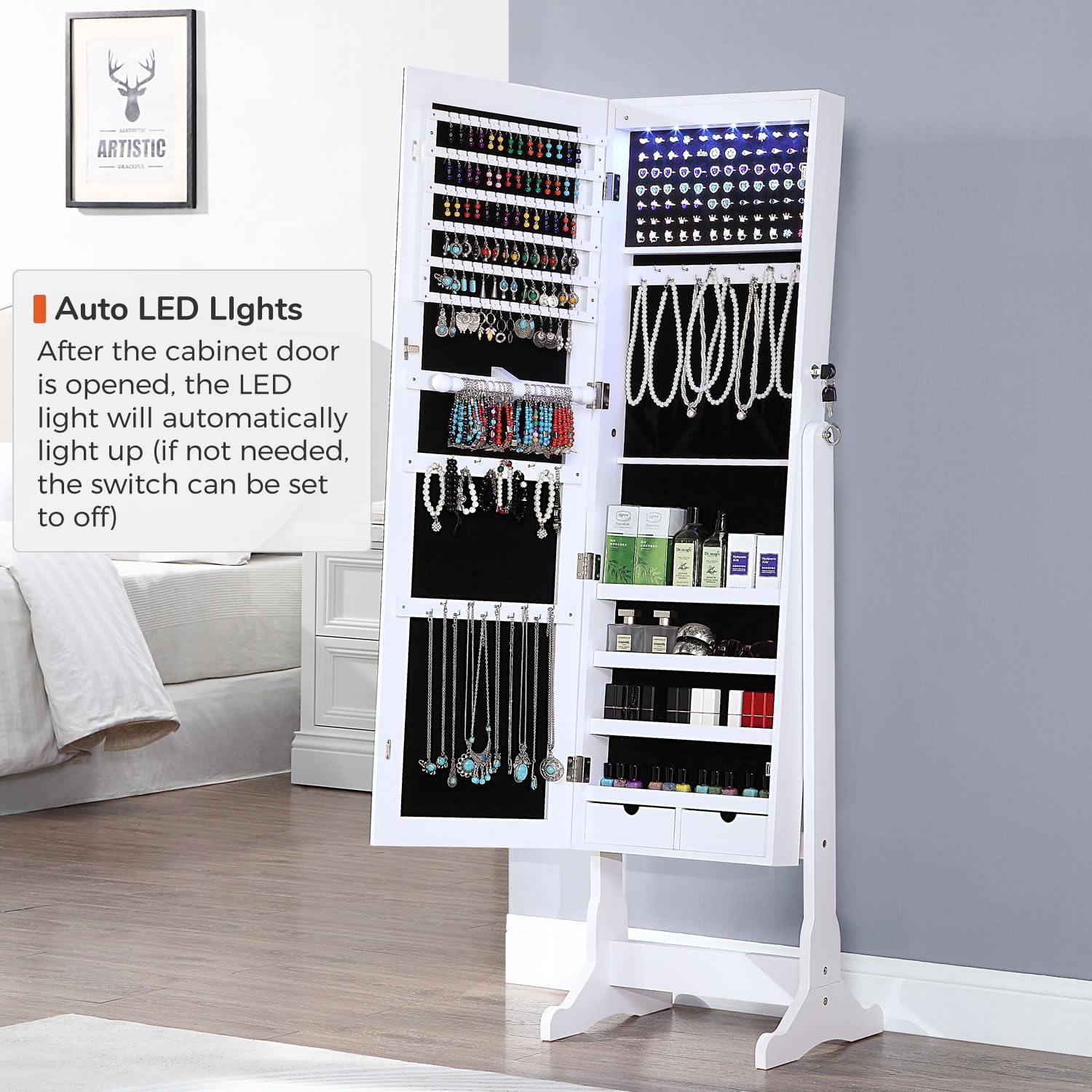 GISSAR Jewelry Organizer Full Length Mirror Jewelry Cabinet Standing/Wall/Hanging Door Jewelry Armoire Storage with Lights, Lockable, White