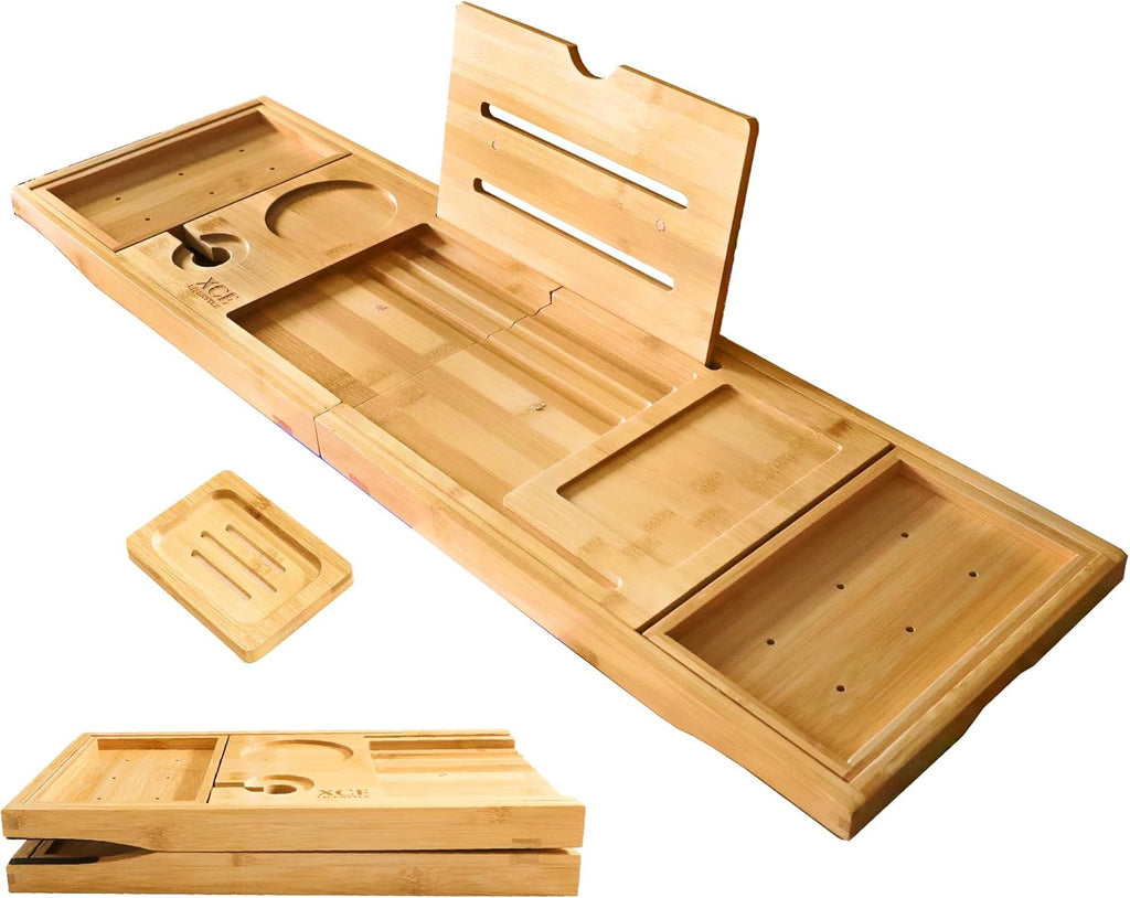 XcE Foldable Bamboo Bathtub Caddy Tray - Expandable to 41 Inches with Non-Slip Pads & Book Stand for Couples Luxury Bath
