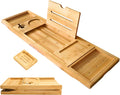 XcE Foldable Bamboo Bathtub Caddy Tray - Expandable to 41 Inches with Non-Slip Pads & Book Stand for Couples Luxury Bath