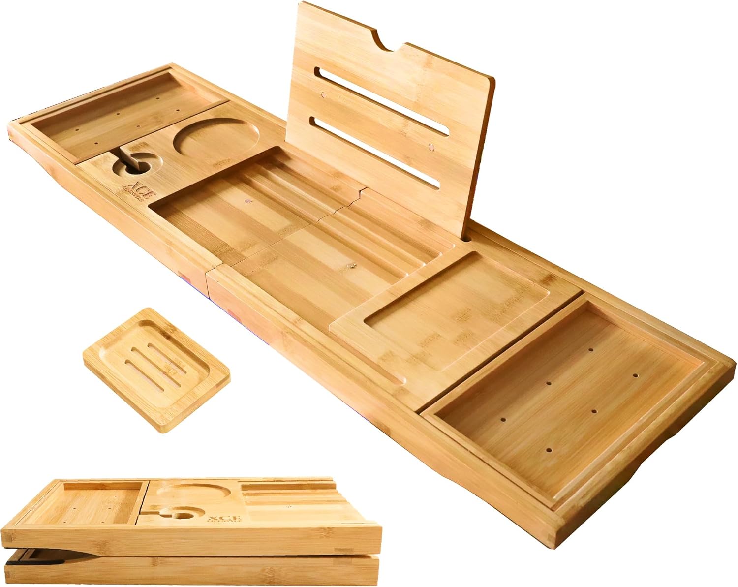 XcE Foldable Bamboo Bathtub Caddy Tray - Expandable to 41 Inches with Non-Slip Pads & Book Stand for Couples Luxury Bath