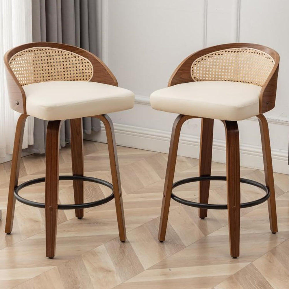 24.8" Swivel Rattan Bar Stools with Back Beige Counter Height Stools 2PCS