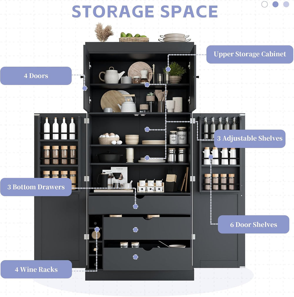 77" Tall Kitchen Pantry Cabinet with 3 Drawers, Large Wooden Kitchen Org...