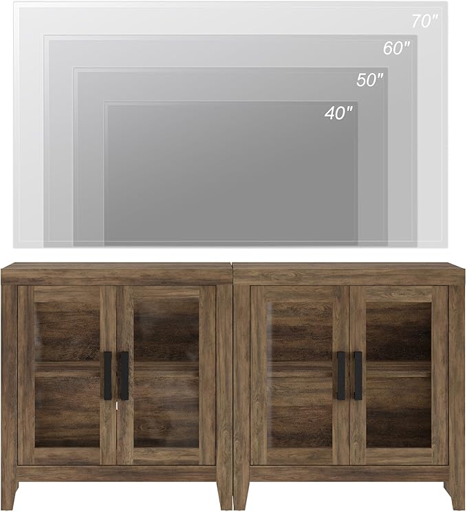 WAMPAT Farmhouse TV Stand for TVs up to 65”, Rustic Wood Entertainment Center with Adjustable Shelf, Glass Doors & Storage, Media Console Cabinet for Living-Room, Bedroom, Brown