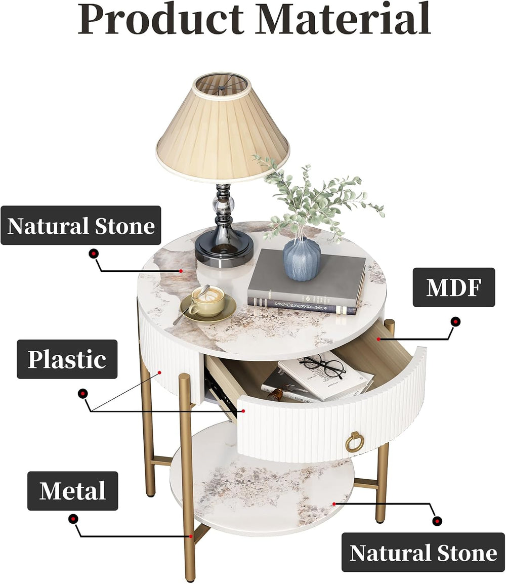 OIOG Round End Table, Nightstand with Storage, Marbling Natural Stone/Gold