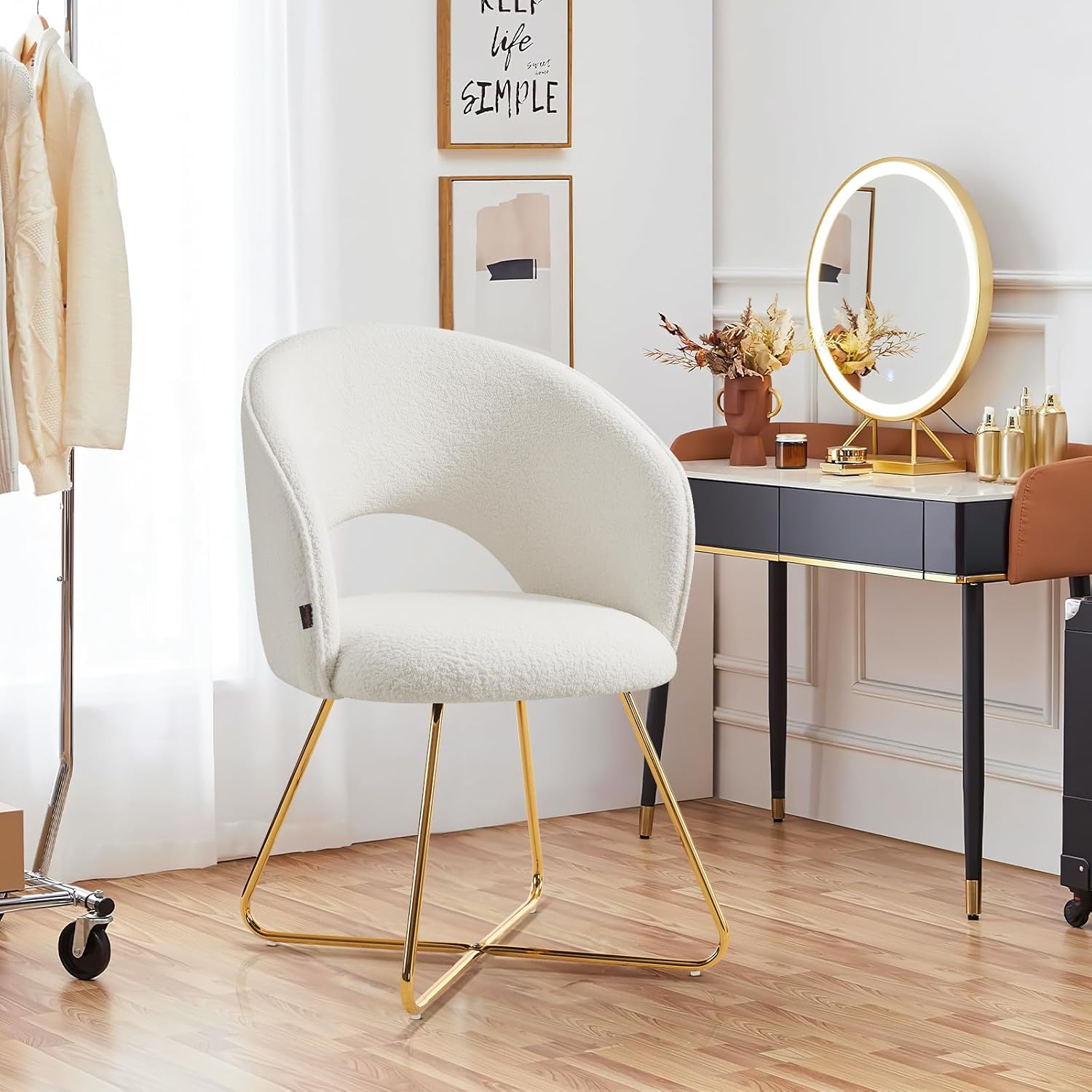 Furniliving Modern Accent Chair Velvet Comfy Lounge Chairs for Bedroom, Upholstered Barrel Vanity Chair with Back, Mid Century Makeup Chair with Gold Leg (Hollow-Backrest, White)