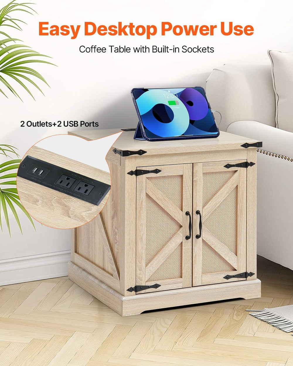 VEVOR Farmhouse End Table, Rectangle PE Rattan Woven Wood Coffee Table, 24-In...