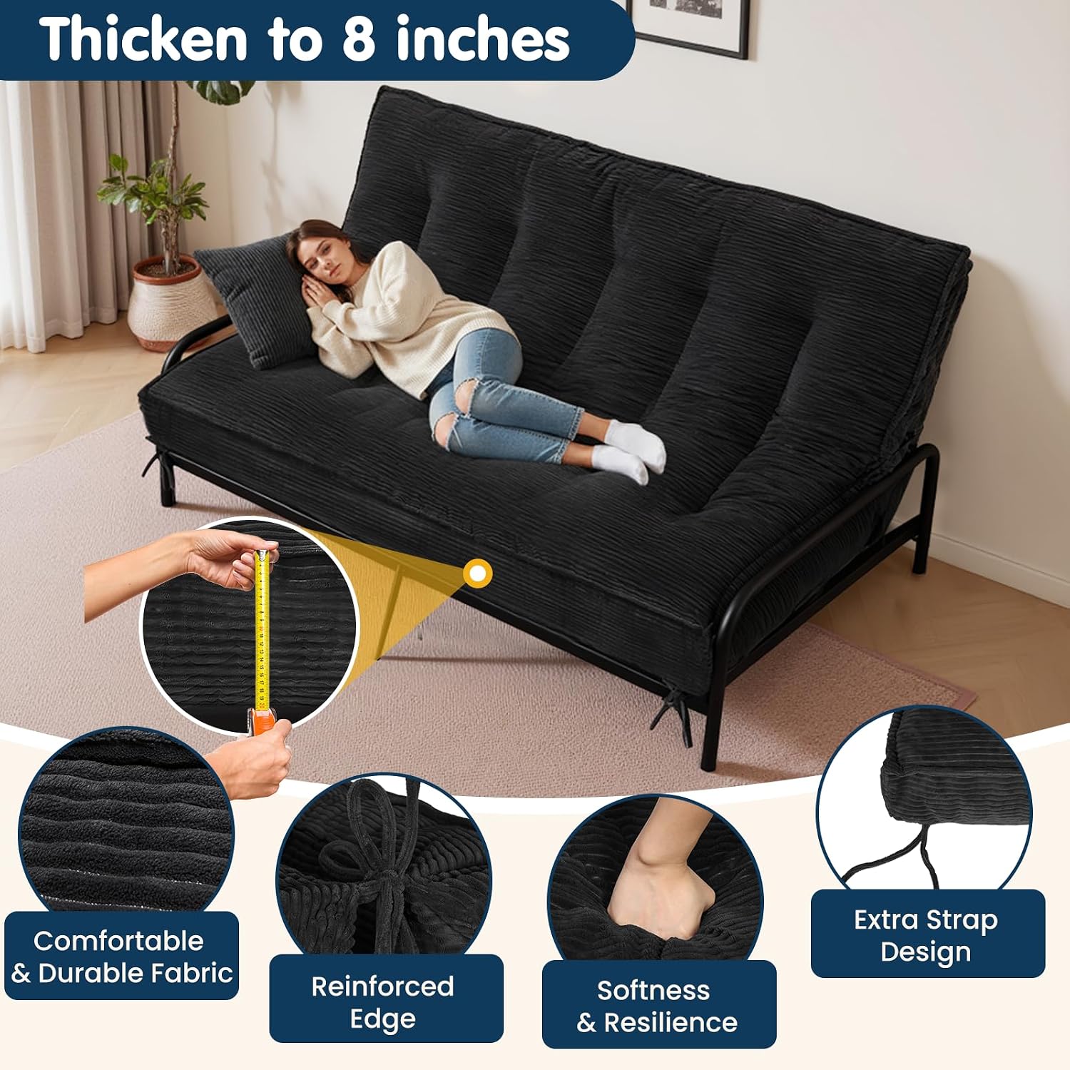 8 Inch Futon Mattress Full Size, Futon Floor Sofa Bed Foldable with Soft Corduroy Fabric - High Resilience Foam Filling - 2 Storage Straps for Home, Guest Room, Dorm, Black (Frame Not Included)