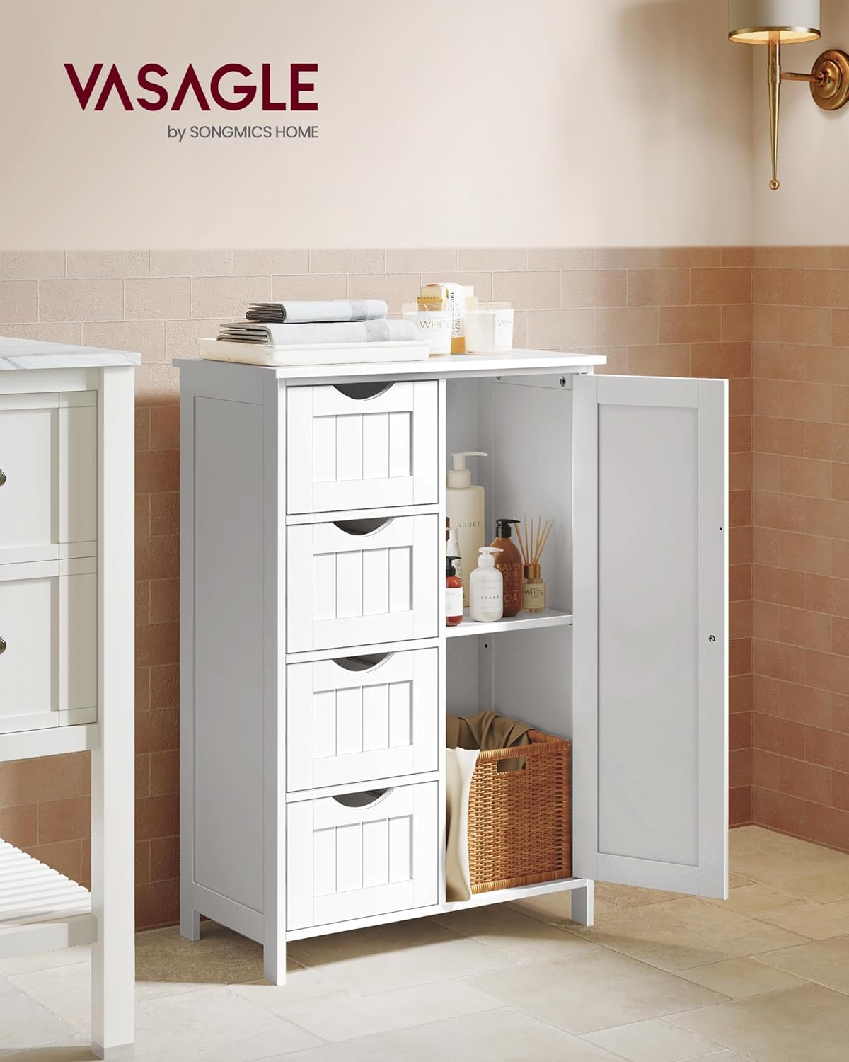 VASAGLE Storage Cabinet with Drawers, Freestanding Floor Cabinet with Door, 11.8 x 21.7 x 32.3 Inches, Adjustable Shelf, for Bathroom, Living Room, Kitchen, Cloud White ULHC041WH01S