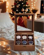 Watch Box, Watch Case for Men Women with Large Glass Lid, Wooden Watch Display Storage Box with 6 - Slots, Retro Burlywood 6x2 Mens Watch Box Organizer