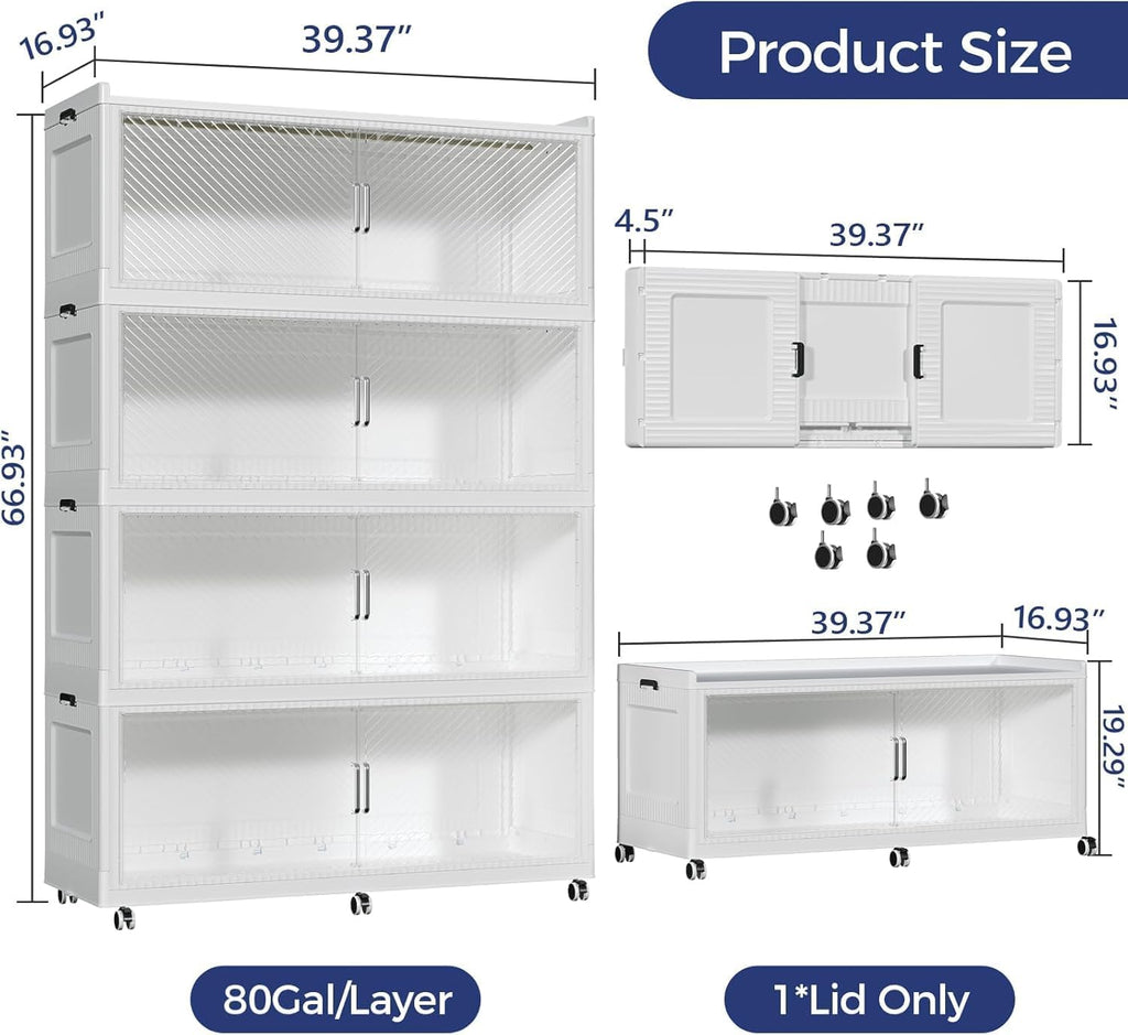320GAL Extra Large Storage Bins with Lid, 1280QT Collapsible Organizer with Wheels, Stackable Closet Cabinet with Doors, Folding Storage Containers for Home, Office, Kitchen, 4Pack White