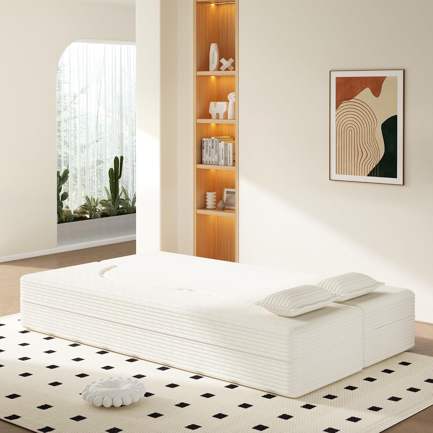Convertible Folding Sofa Bed, 2-in-1 Full Size Floor Boneless Couch Bed, Loveseat sleeper Couch , Corduroy Floor Sofa, Memory Foam Sleeper SofaBed, Small couches for small spaces, No Assembly, Beige