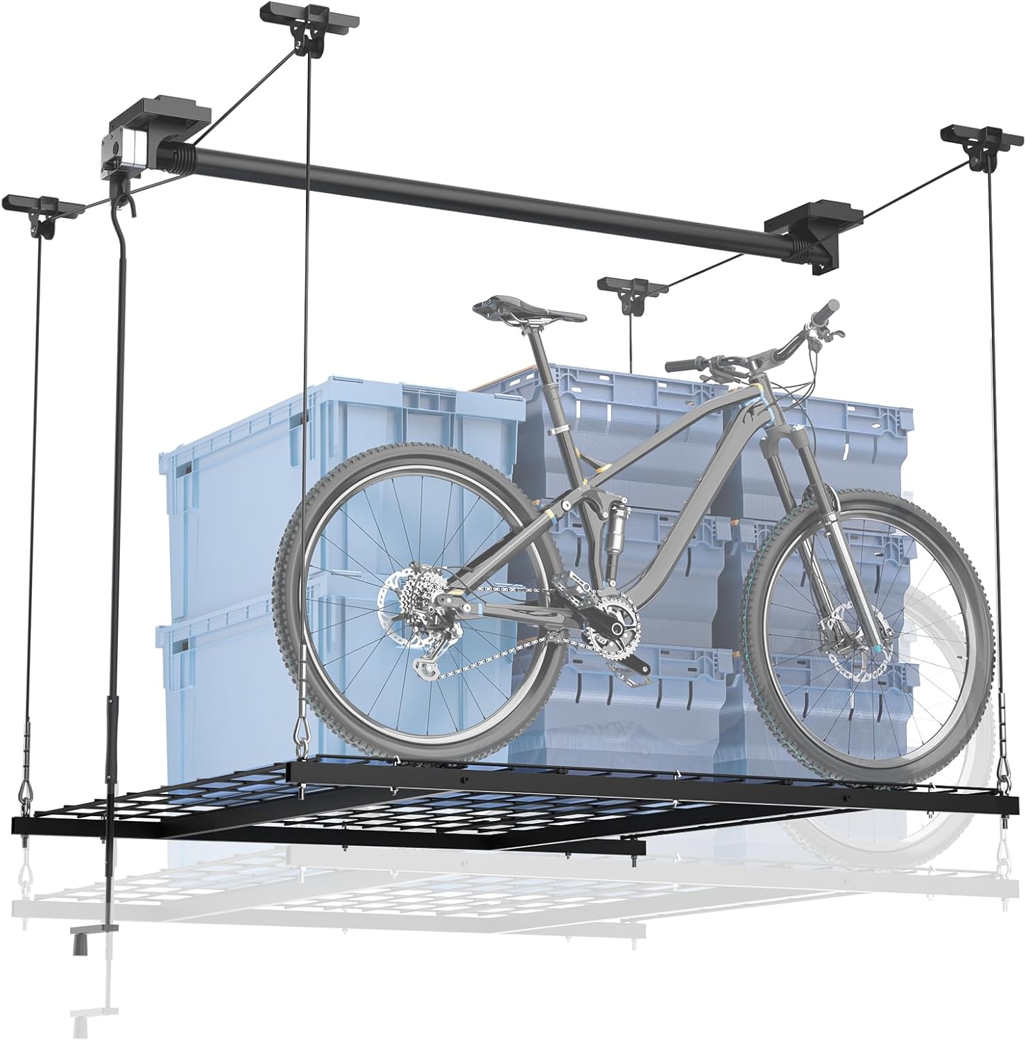 GADFISH Garage Ceiling Lift Storage Rack, Easy Lifting 85" Height 4x4 Ft Overhead Garage Storage Rack for Space Saving with Safety Lock, Suitable for 16"/24" Ceiling, 350LBS Capacity