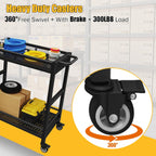 300LBS Heavy Duty Service Utility Cart on Wheels, Metal Rolling Utility Cart with Fences, 2-Tier Service Carts for Garage Garden Warehouse Tool House, Black, 360° Swivel, Ergonomic Handle, Sturdy