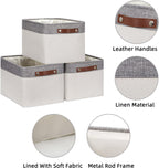 HNZIGE Large Storage Baskets for Shelves(3 Pack) Fabric Storage Toy Baskets with Handles, Decorative Foldable Storage Bins for Organizing (Gray&White-Leather Handles, 15"x11"x9.5")