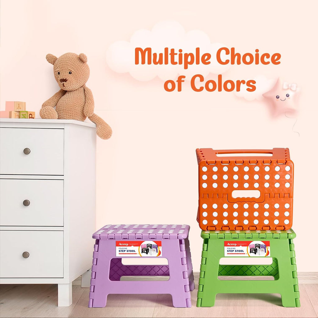 ACSTEP 9 Inch Folding Step Stool 2 Pack, Plastic Foldable Step Stools with Handle, 300 LB Non-Slip Stepping Stool for Kids and Adults, Portable for Kitchen, Bathroom (Orange & Light Purple)
