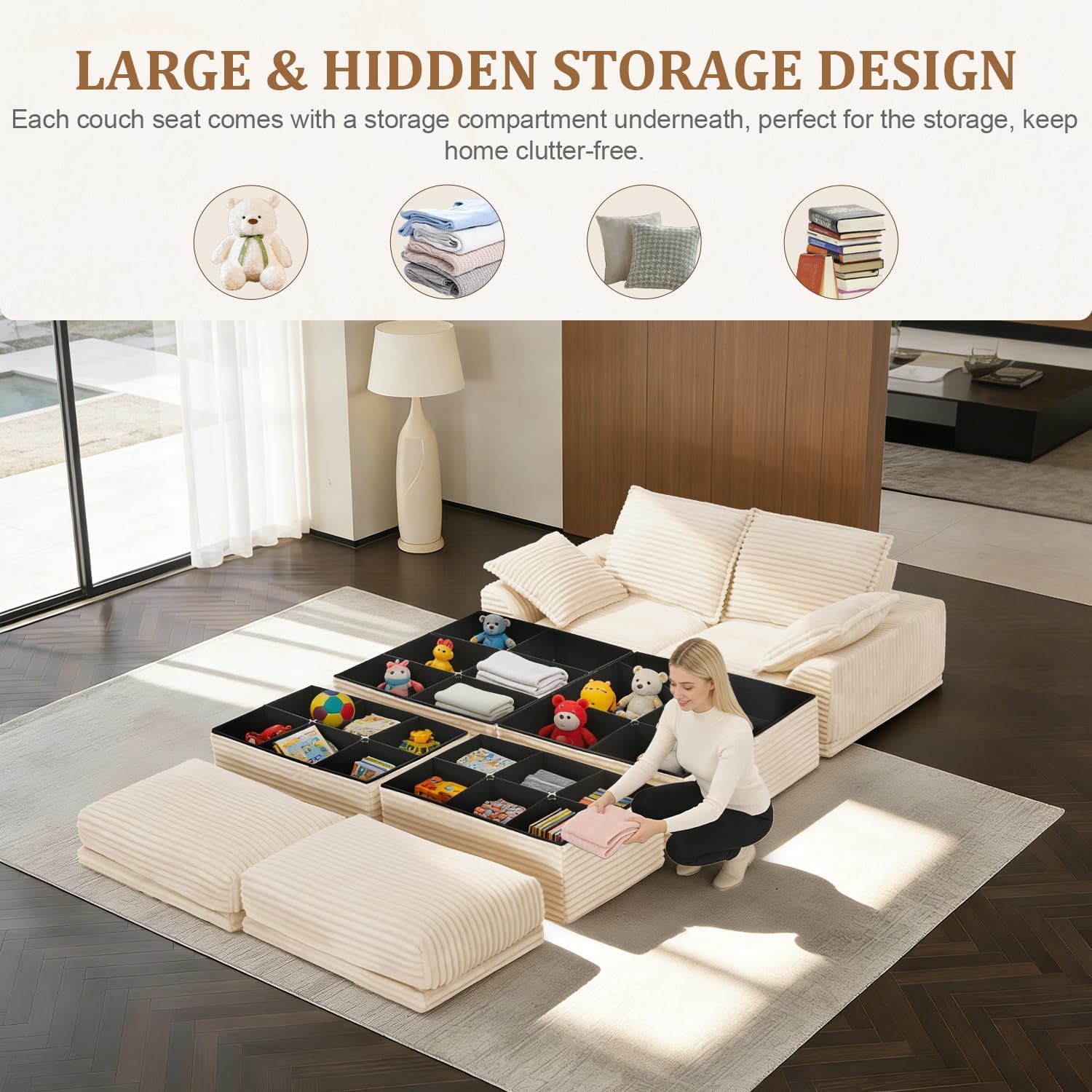 Upgrade Boneless Couch with Storage, Extra Deep&High Seat Modular Sectional Sofa 2 Seater Loveseat Sofa with Ottoman, Tool-Free Assembly Sectional Couches for Living Room Bedroom Apartment