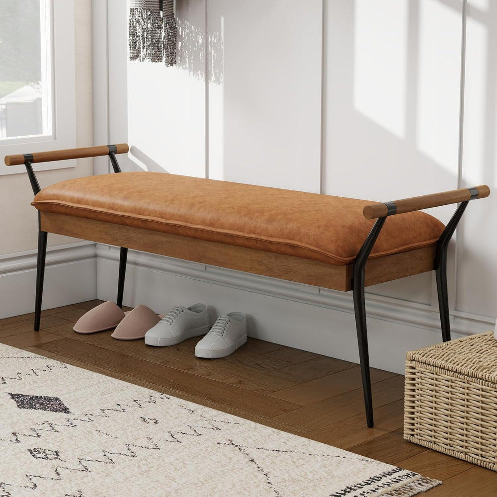 DUOMAY Modern Rectangle Ottoman Bench with Arms and Metal Legs, Mid Century P...