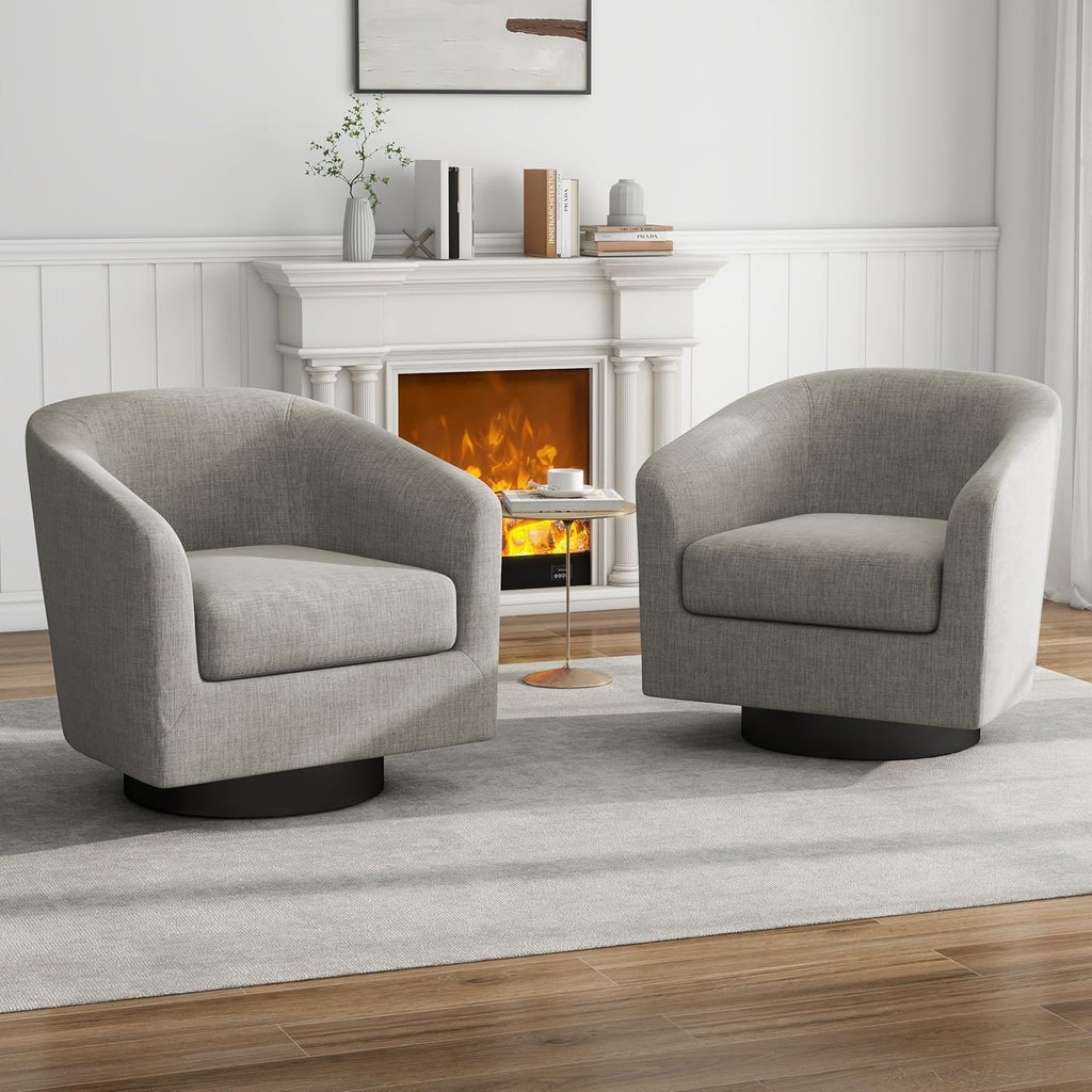 Swivel Accent Chairs Set of 2, Fabric Barrel Armchair, Khaki | Modern Upholstered Club Chair | Comfy Reading Seat with Removable Cushion | For Living Room, Bedroom, Office