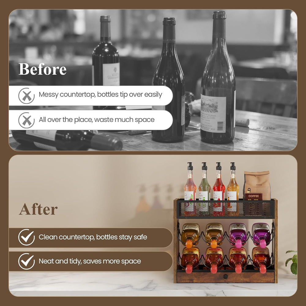 3-Tier Countertop Wine Rack, Coffee Syrup Rack Organizer With Drawer for Coff...