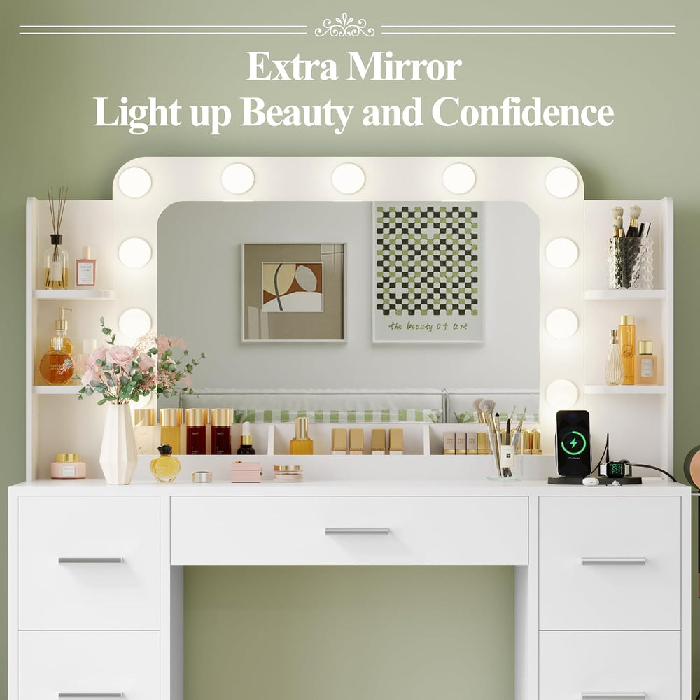 JUMMICO Makeup Vanity Desk with Large Mirror and Lights, Vanity with Power St...