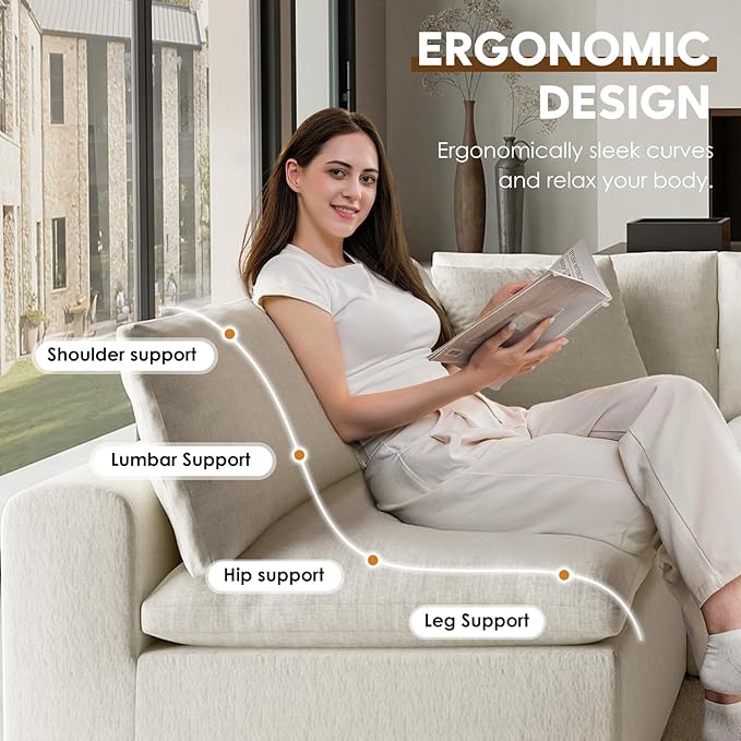 130" Modern Modular L Shaped Couch, Sectional Couches for Living Room, Deep Seat Cloud Couch, No Assembly Required Sleeper Sofa, Boneless Couches with Armrests, White
