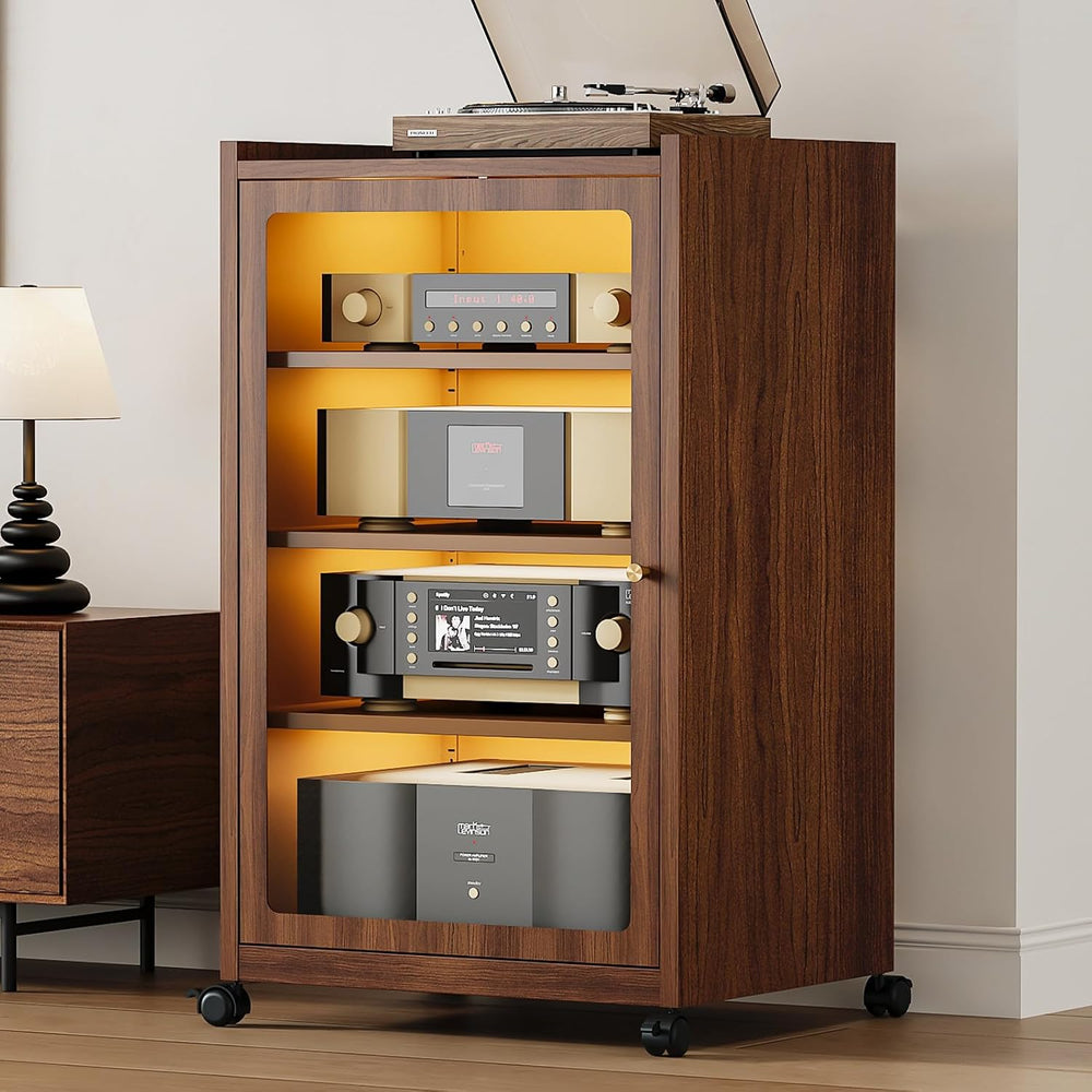 Media Cabinet with LED Lights and Glass Door, Metal Stereo Cabinet Brown