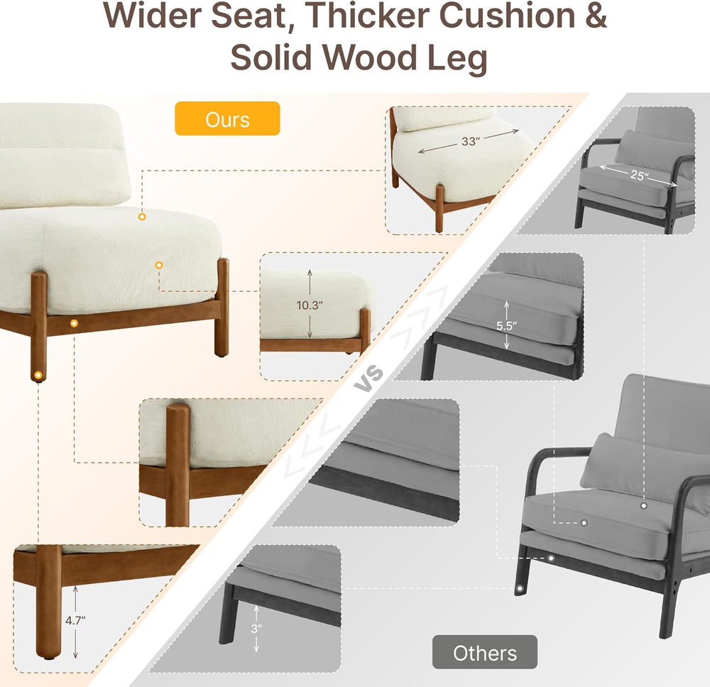 Mid Century Modern Accent Chair, Upholstered Armless Lounge Chair with Wooden...