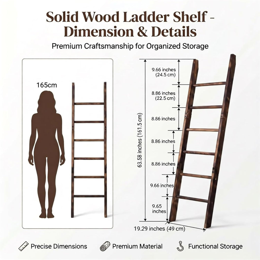 Carbonized Farmhouse Blanket Ladder, 6-Tier Rustic Wooden Rack | Reinforced Construction,3lbs Per Tier,Holds Clothes Scarves Belts,Christmas Decor Friendly,Fits All Home Styles,Easy to Clean