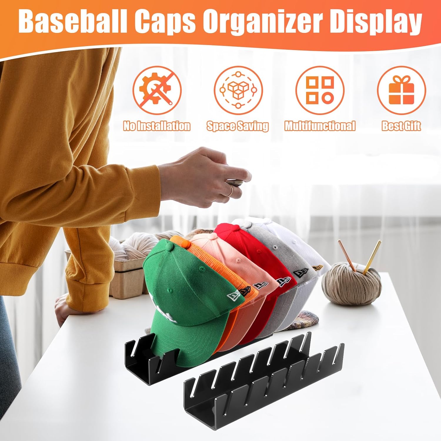 Hat Stand for Baseball Caps, 2 Pack No Install Acrylic Hat Organizer for 14 Baseball Caps Storage Organizer, Hat Racks Hat Holder Display and Organization for Closet, Bedroom, Dresser (Black-2Pack)