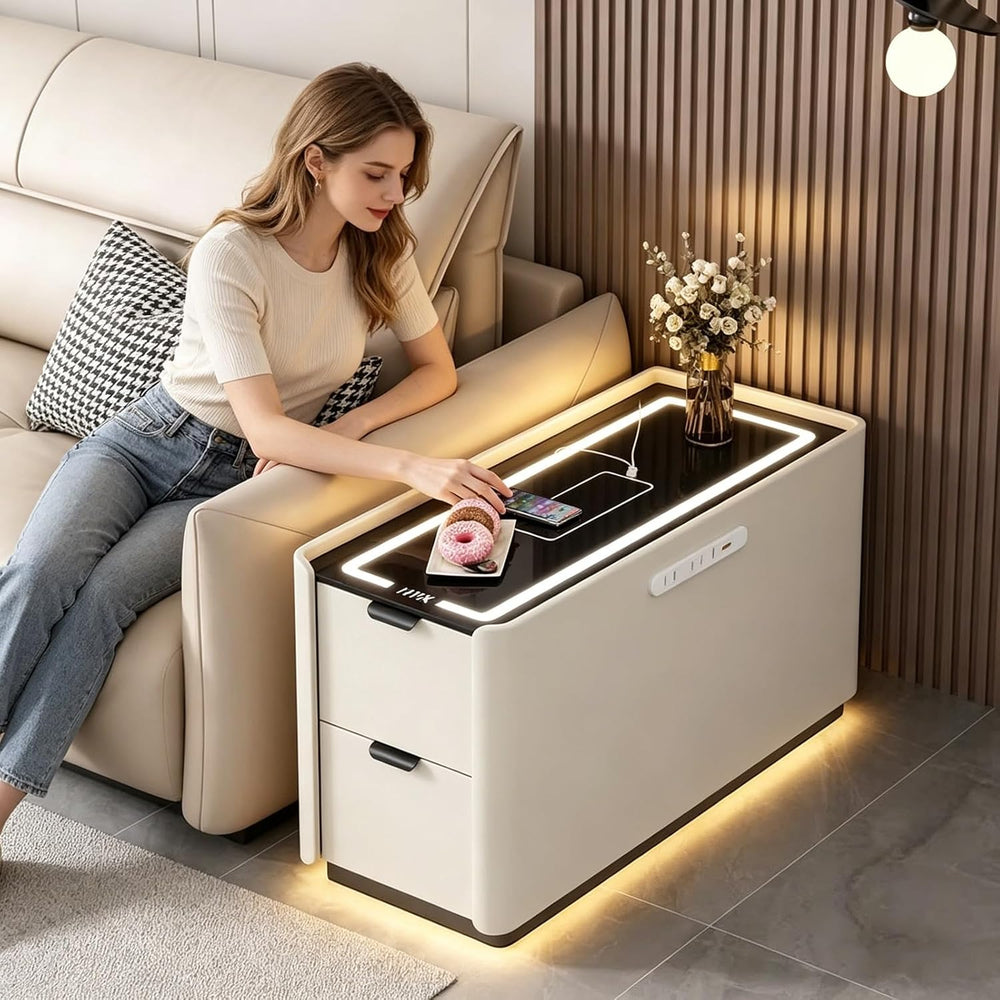 Smart Sofa Side Table with USB Charging Ports, 2 Drawers Storage, Tempered Gl...