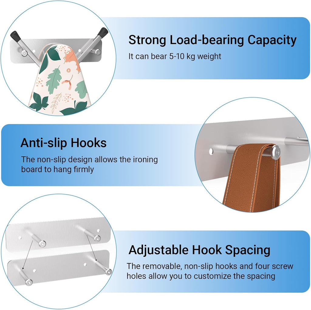 Ironing Board Holder Wall Mount, Ironing Board Hanger for Y or T Shaped, Laundry Rooms Stainless Steel Iron Board Hook with Adjustable Hooks