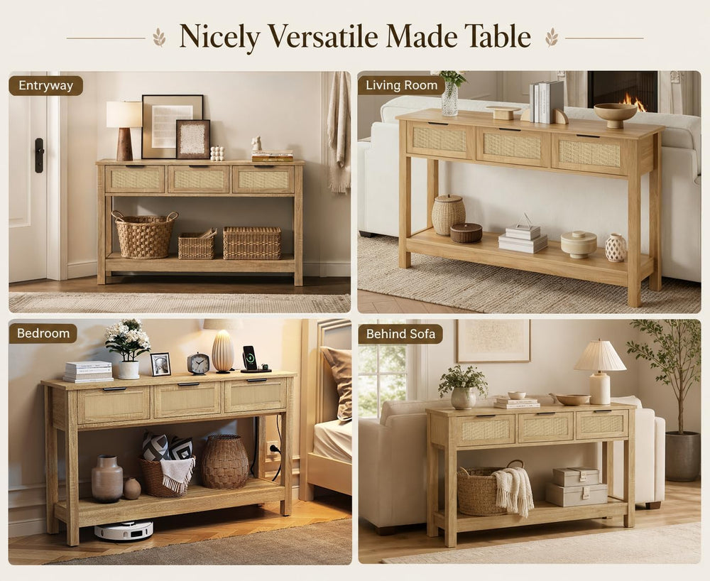 Luoxiao Rattan Console Table 3-Drawer 47" Narrow Wood Entryway Sofa Tabl...