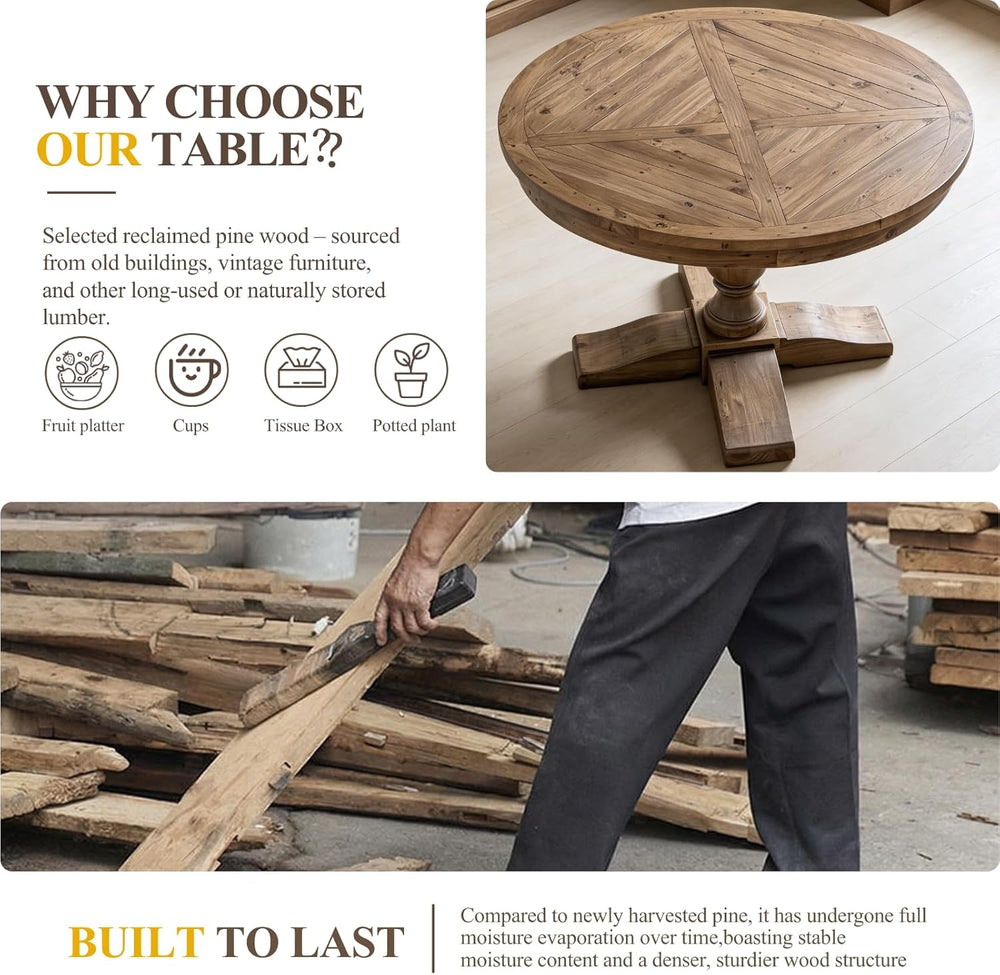47" Round Dining Table with Wooden Pedestal Base, Antique Pine Wood Dinn...