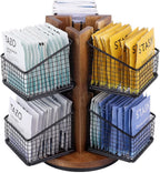 HTB Carousel Tea Bag Organizer for Counter, 2 Tier Tea Bag Holder with 6 Removable Tea Baskets and Acacia Wood Station, Tea Organizers and Storage for Cabinet, Countertop