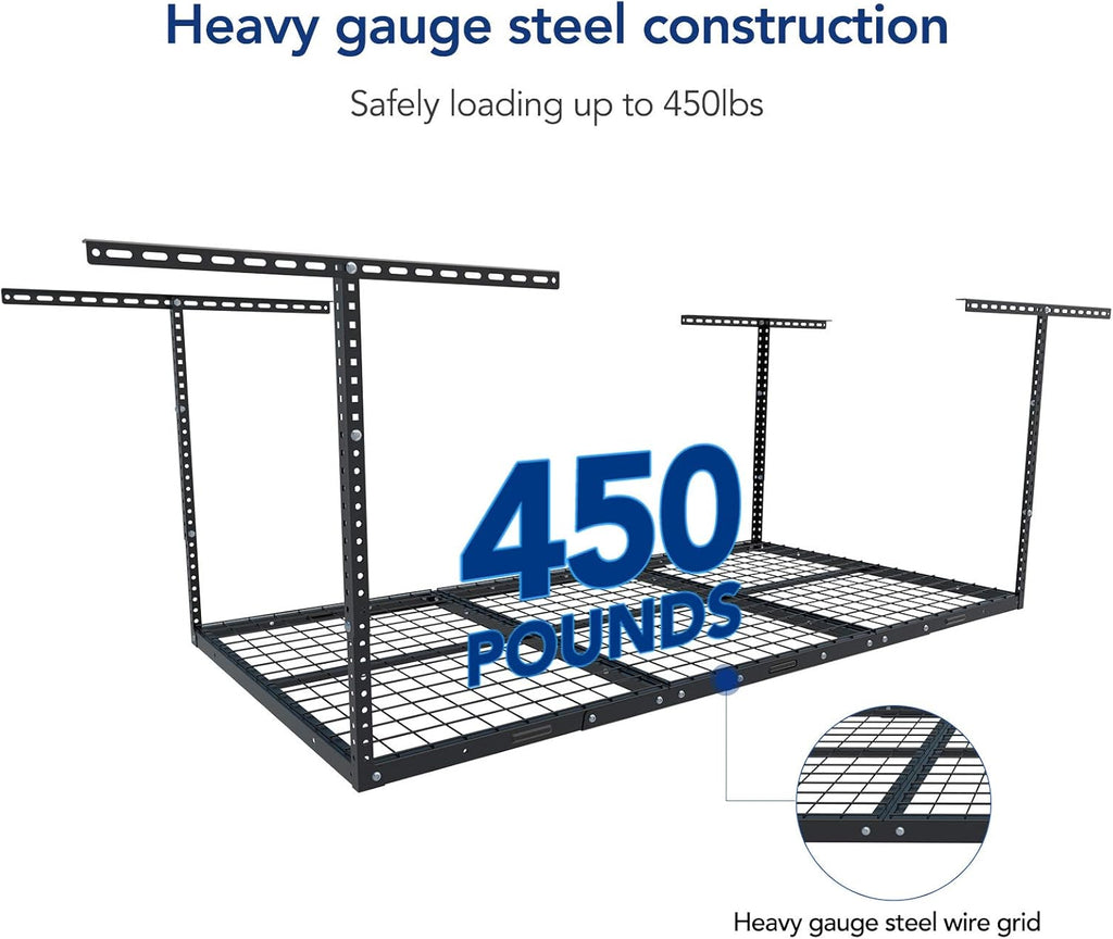 FLEXIMOUNTS 4x6 Overhead Garage Storage Adjustable Ceiling Rack 72" Length x 48" Width x 40" Height, 450lbs Weight Capacity, Black, Classic Series