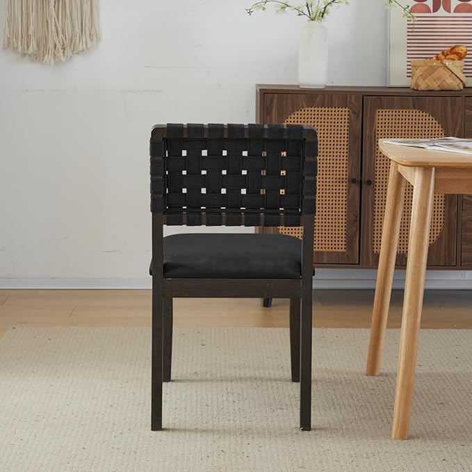 VINGLI Black Woven Wooden Dining Chairs Set of 4,Armless Mid Century Modern Desk Chairs with Rivet&Foot Pegs,Upholstered Farmhouse Comfy Chair No Wheels for Dining Room,Living Room,Kitchen,Oak,Suede