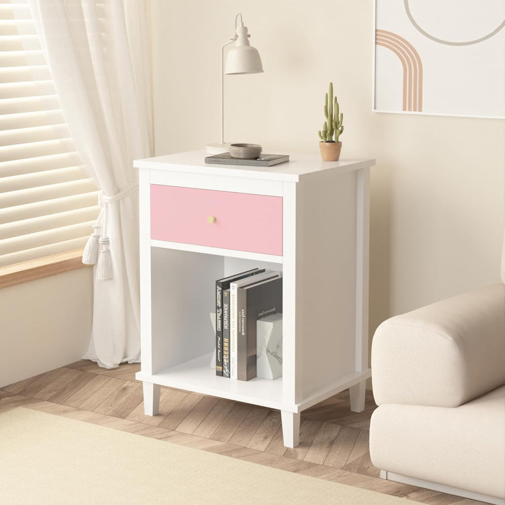 Pink Kids Nightstand Modern Kids Bedside Table with Drawer & Open Storage Shelf Wood End Side Table Toddler Nightstand for Bedroom Living Room (Pink)