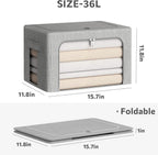 CYhom Clothes Storage Bins Box - Linen Fabric Foldable Stackable Container Organizer Set with Clear Window & Carry Handles & Metal Frame (Light Grey, Medium-36L)