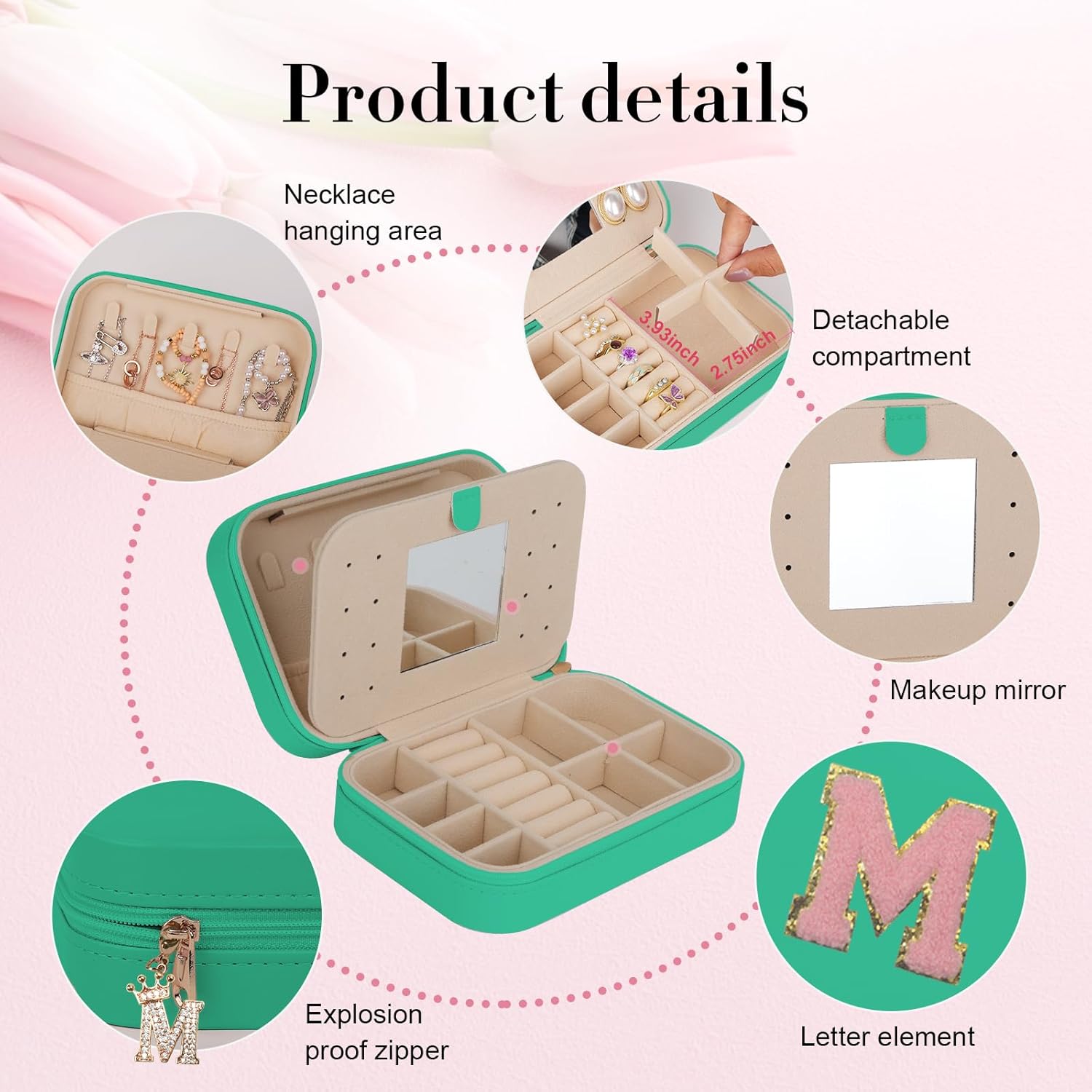 TopPerfekt Travel Jewelry Case, Jewelry Box with Mirror, Jewelry Organizer Bridal Shower Gifts to Her, Earring Storage Travel Case, Trendy Gift for Women and Girls, Girlfriend-Letter M, Green