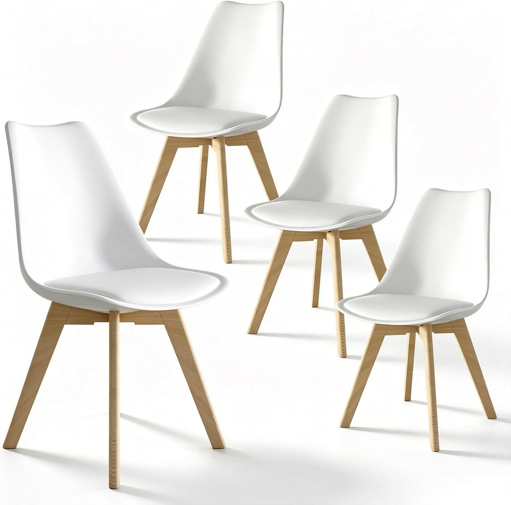 Dining Chairs Set of 4, PU Leather Kitchen Chairs,Wood Legs (White, 4 PC)