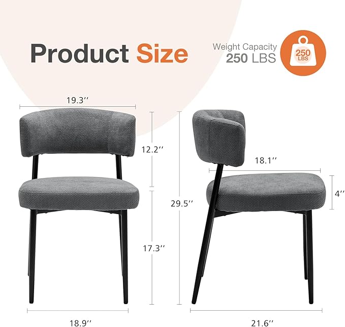 Sweetcrispy Dining Chairs Set of 4, Boucle Fabric Modern Mid Century Round Kitchen Chairs with Curved Backrest & Metal Legs for Vanity, Living Room - Modern Grey