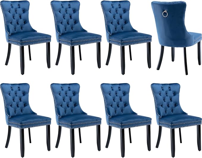 Modern Dining Chairs Set of 8, Tufted Upholstered Dining Chair with Solid Wood Legs, Blue Velvet Accent Chair, Sillas de Comedor, Kitchen & Dining Room Chairs (Blue, Velvet, 8Pcs)