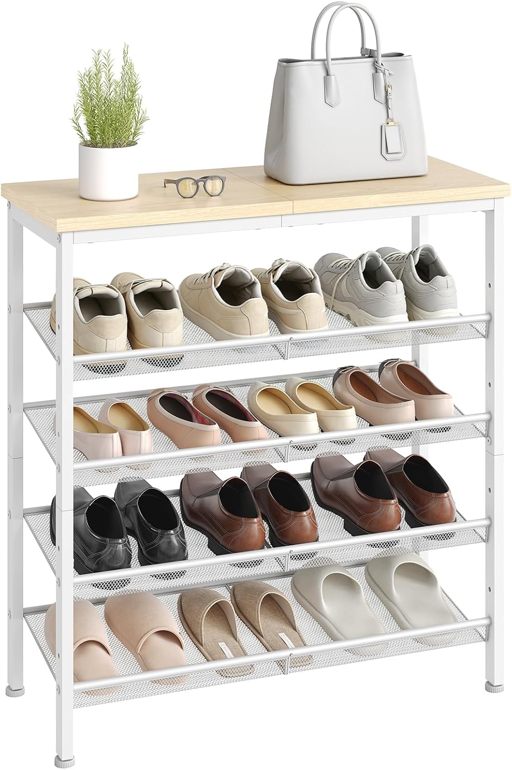 HOOBRO Shoe Rack for Entryway, 5-Tier Shoe Organizer with Adjustable Mesh Shelves, 12-16 Pairs of Shoes, Spacious Floor Mount, Metal, Industrial, Shoe Shelf for Closet, Natural and White WN12XJ01
