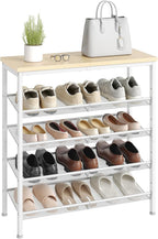 HOOBRO Shoe Rack for Entryway, 5-Tier Shoe Organizer with Adjustable Mesh Shelves, 12-16 Pairs of Shoes, Spacious Floor Mount, Metal, Industrial, Shoe Shelf for Closet, Natural and White WN12XJ01