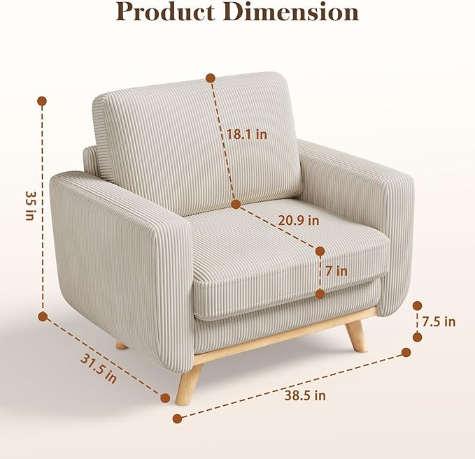 Vesgantti 38.5" Accent Chair Light Gray, Comfy Corduroy Single Sofa Seat with Spring Cushion, Upholstered Armchair with Deep Seat, Reading Chair for Adults, Modern Sofa for Living Room, Bedroom