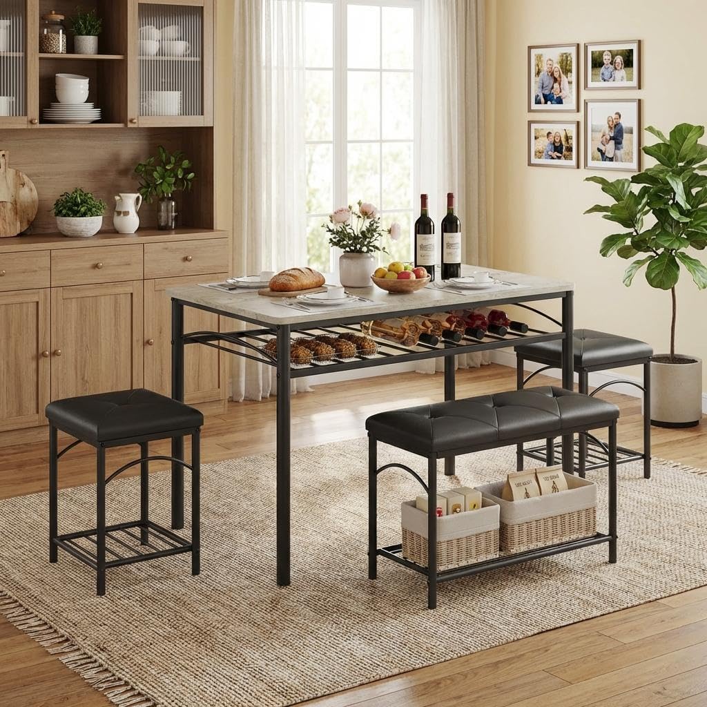 IDEALHOUSE Dining Table Set for 4 with Upholstered Benches and 2 Stools, Small Kitchen Table Chairs Set of 4 for Apartment, Studio, Home and Small Space
